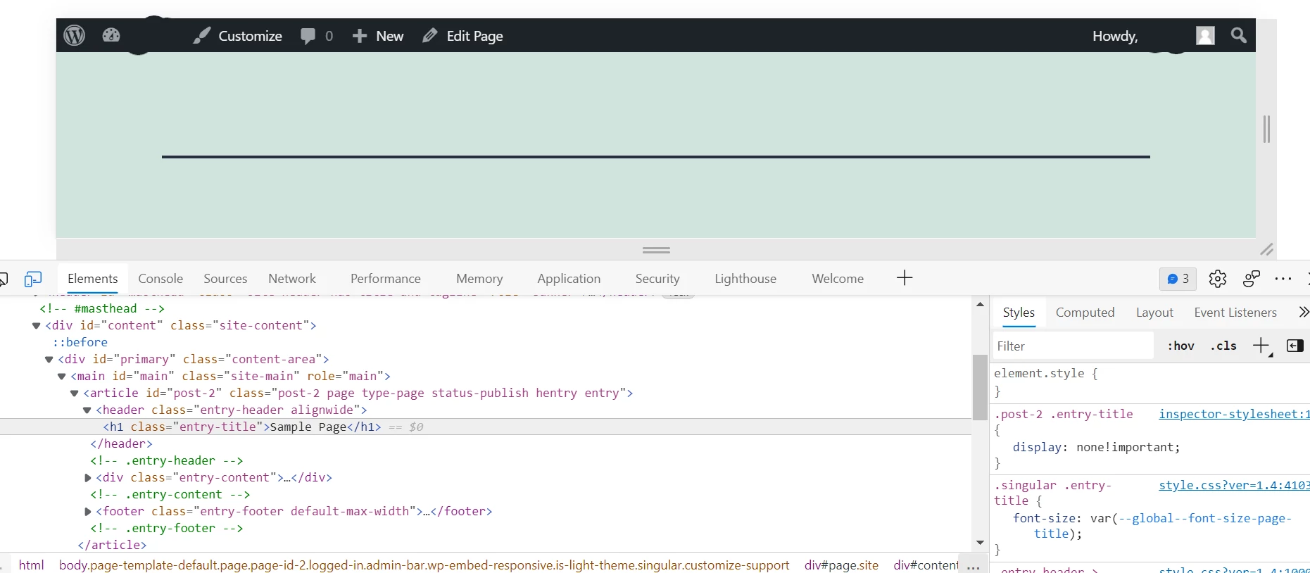 WordPress page opened browser developer tools