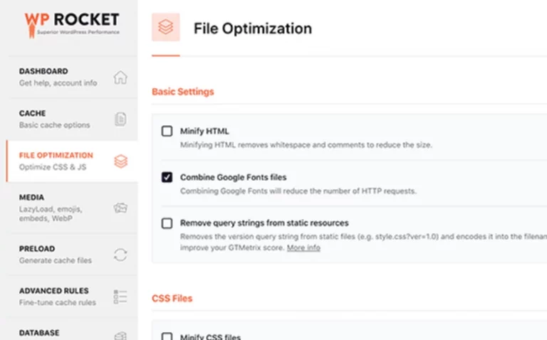 WP Rocket settings