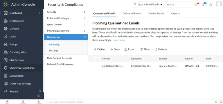 Zoho Mail Lite plan admin console