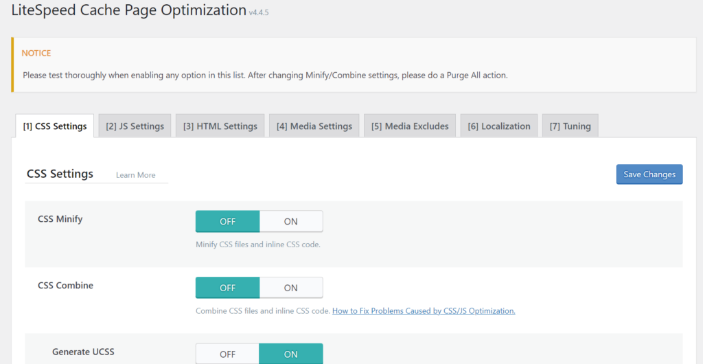 LiteSpeed Cache page optimization